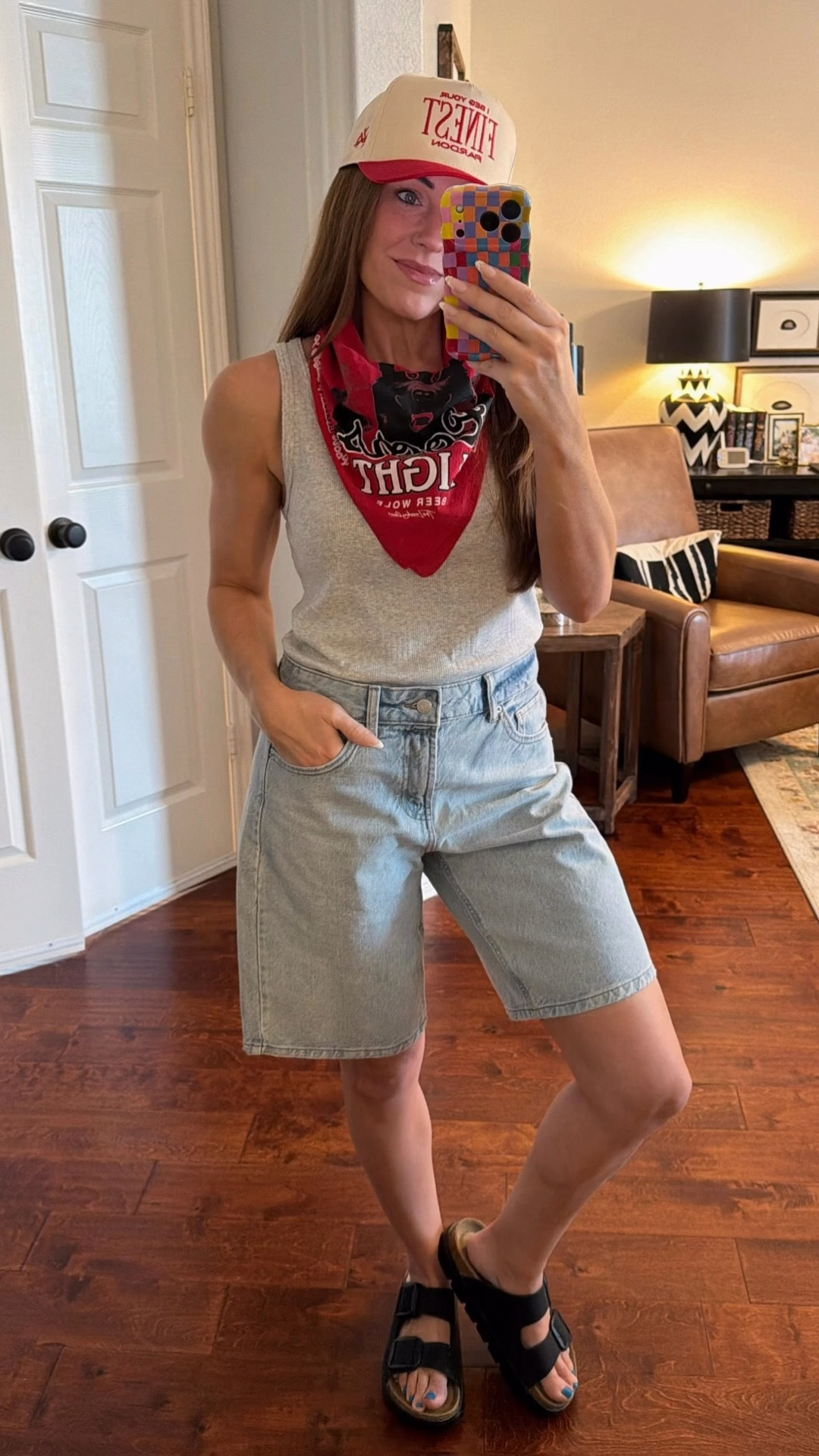 Casual spring summer fashion 2026 long denim shorts from Target coors bandana Amazon sandals

#LTKFestival #LTKootd #LTKOver40