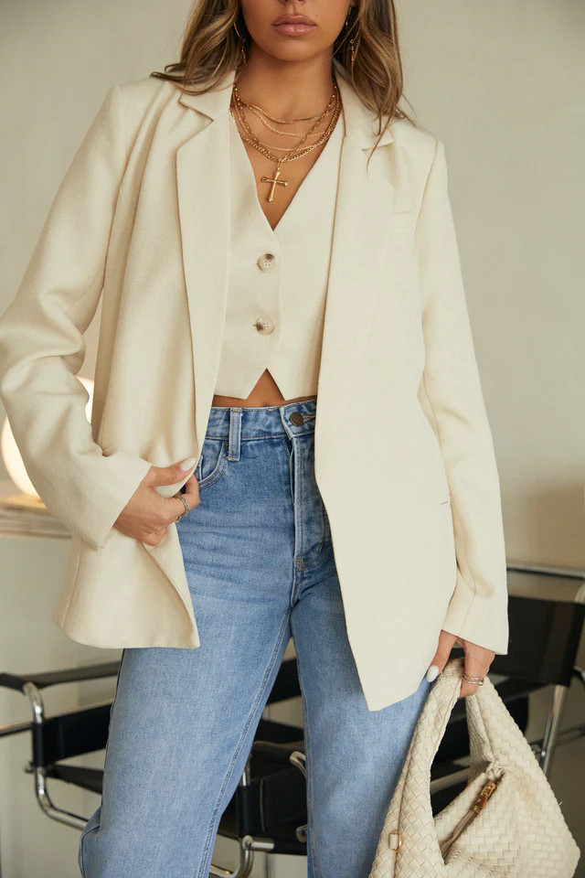 Miss Lola | Neyma Blazer Cream Notched Collar Blazer | MISS LOLA