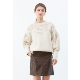 Flowers Stitched Puff Sleeves Knit Sweater | Chicwish