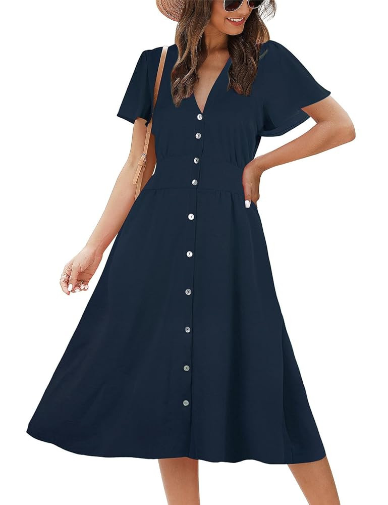 ROYLAMP Women's Floral Button Up Split Dress Deep V Short Bell Sleeve Casual Midi Dress with Pock... | Amazon (US)