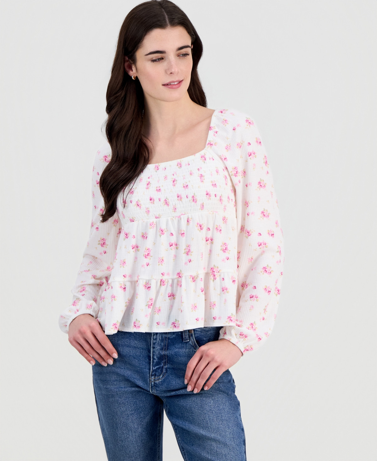 Madden Girl Juniors' Floral Tiered Babydoll Top - Ivory Pink Combo | Macy's