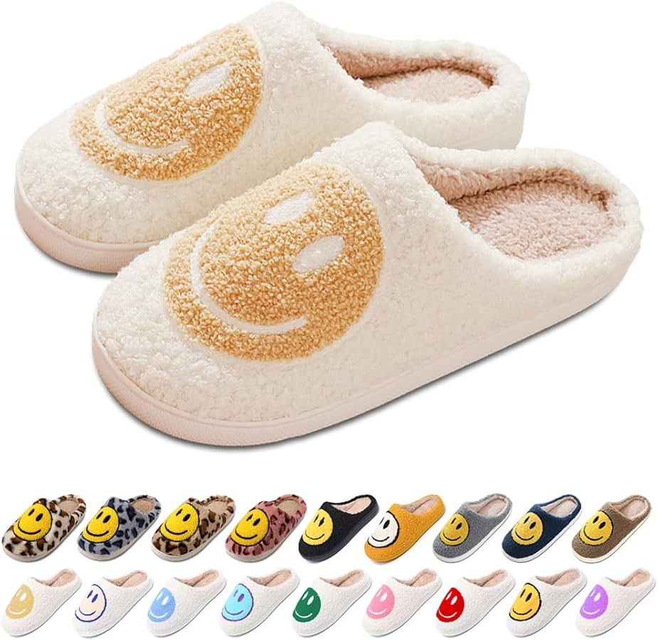 Women's Men's Retro Preppy Happy Face Slippers Comfy Warm Plush Slip-On House Slipper for Winter ... | Amazon (US)