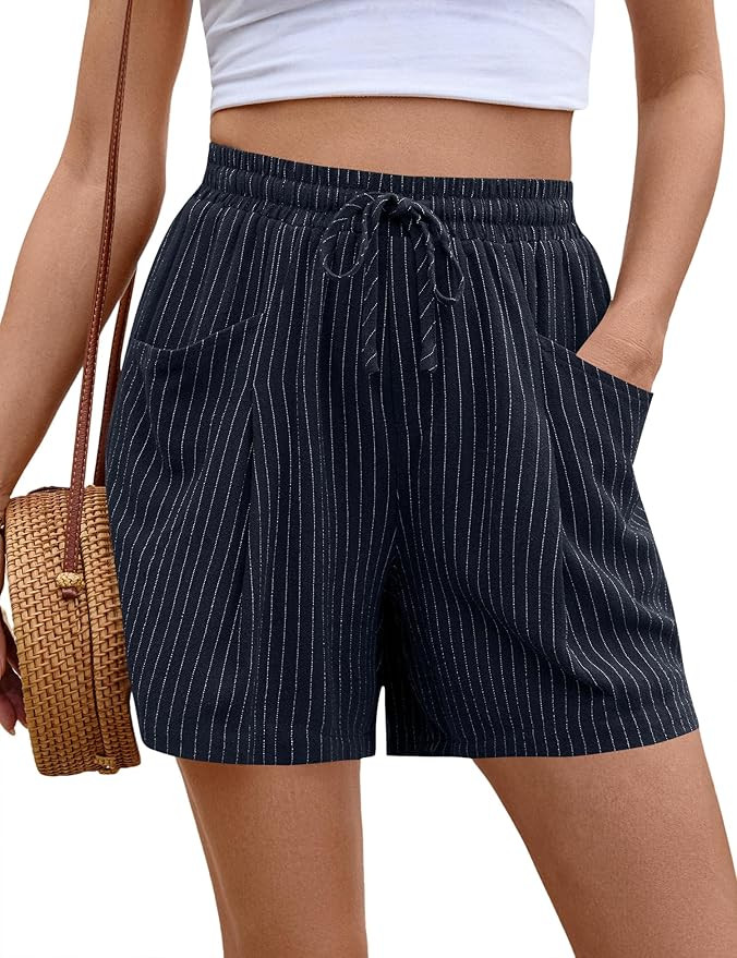 AKEWEI Linen Shorts Women Casual Wide Leg High Waisted Summer Outfits Comfy Elastic Waist Beach S... | Amazon (US)