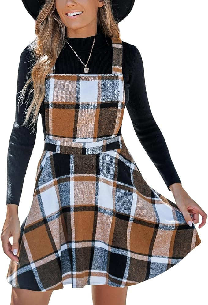 CUPSHE Women's Mini Dress Square Neck Plaid Print Cross Back Sleeveless Overall Short A Line Dres... | Amazon (US)