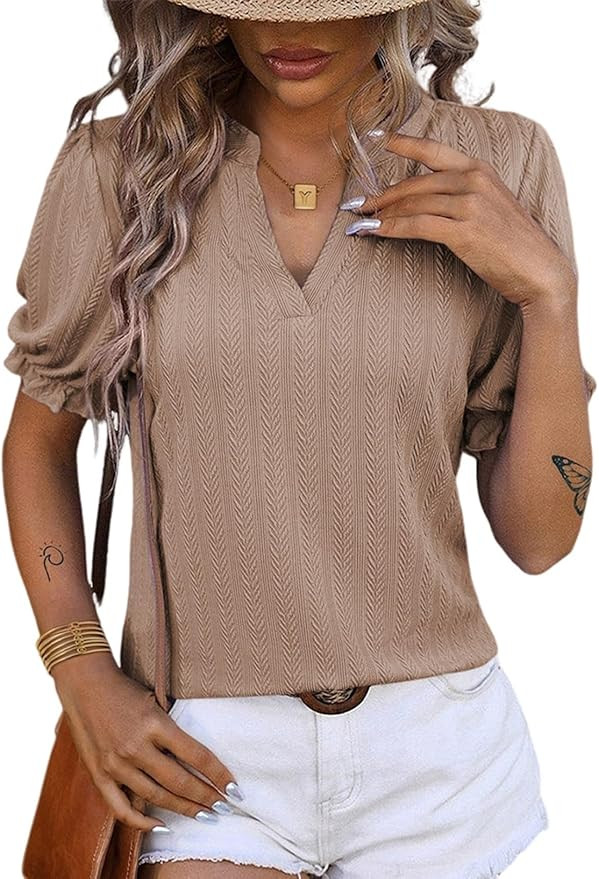 Dokotoo Womens Summer Short Puff Sleeves Blouses Shirts V Neck Cute Solid Knit Textured Casual Re... | Amazon (US)