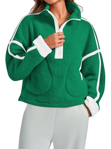 MAOECO Women Sherpa Fleece Jacket Half Zip Oversized Cropped Sweatshirt Casual Long Sleeve Fuzzy Pullover Fall Winter Outfits with Pockets Green S | Amazon (US)