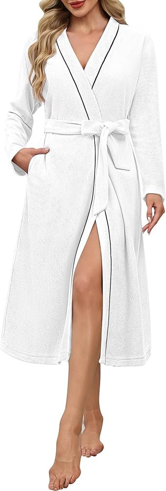 Ekouaer Robes for Women Long Sleeves Bathrobe V Neck Cozy Housecoat Lightweight Fleece Robe with ... | Amazon (US)