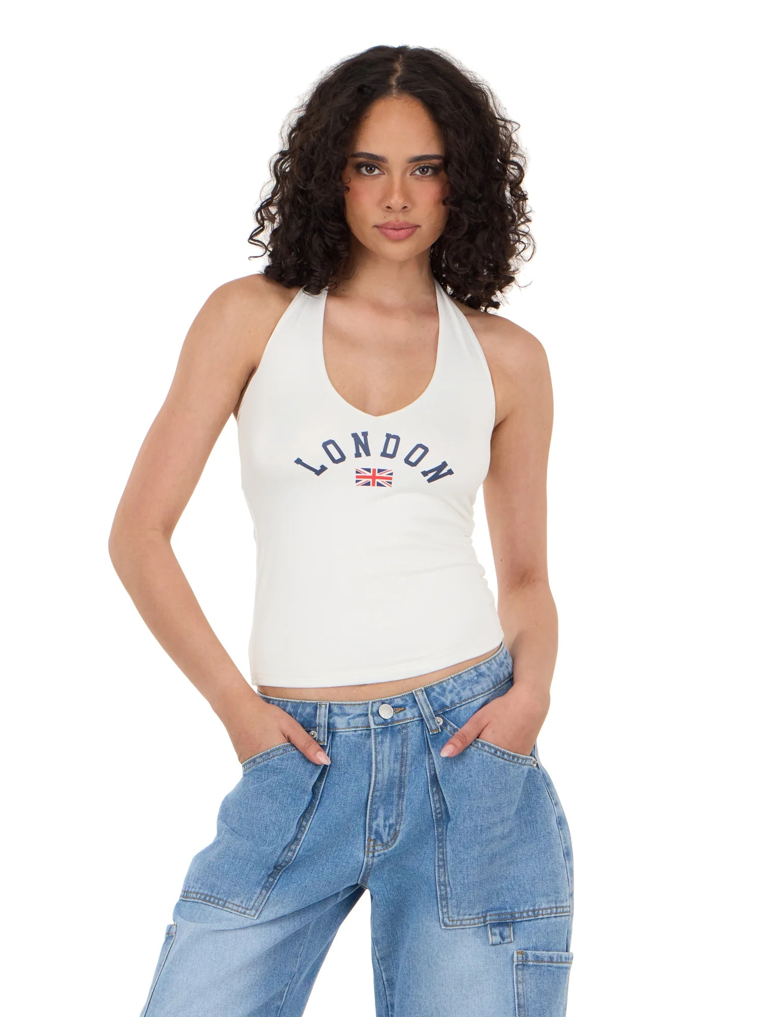 Forever 21 Women's Sleeveless V Neck Halter Top, Fitted Cropped Tank, Casual Summer Going Out Sty... | Walmart (US)