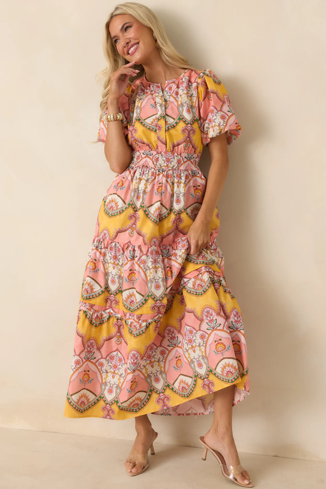 Love You More Pink & Marigold Scarf Print Cotton Midi Dress | Red Dress