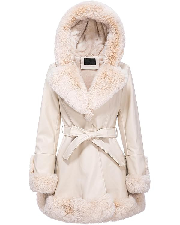 Faux Leather Jacket for Women with Faux Fur Collar Long Sleeve Parka with Pockets Warm Winter Coa... | Amazon (US)