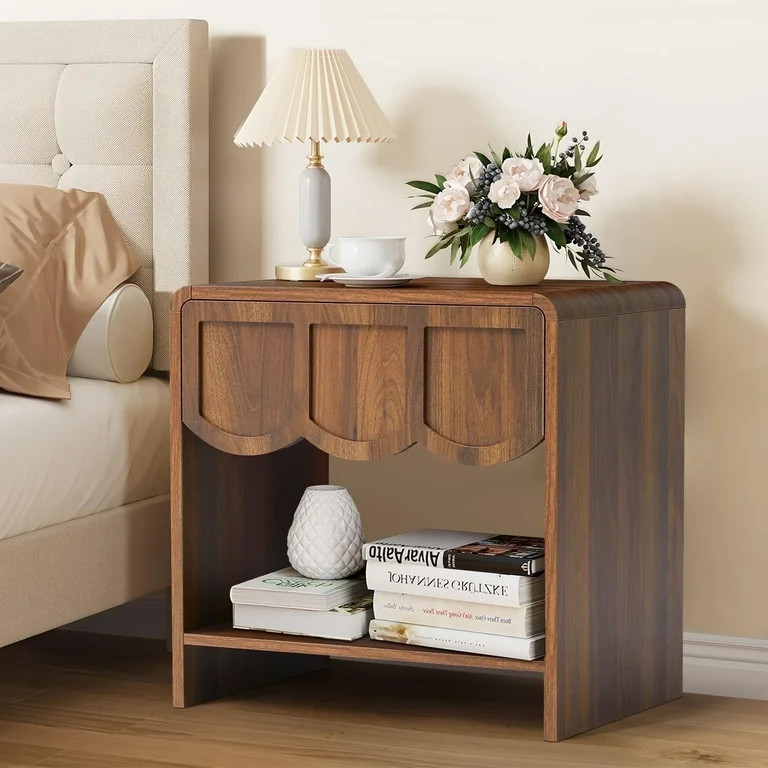 Wirrytor Walnut  Mid-Century Curved Nightstand with Drawer, Modern Bedside Table with Opening Sto... | Walmart (US)