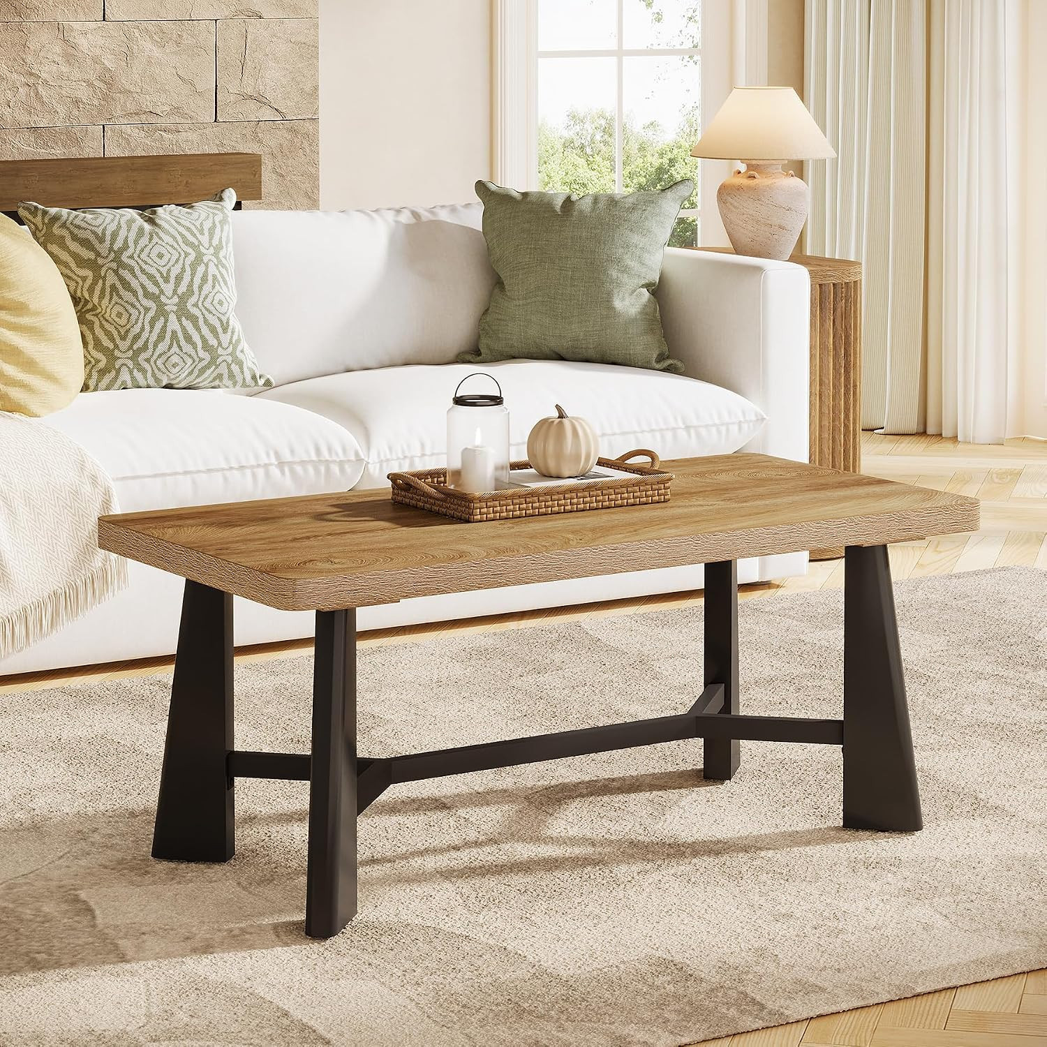 Tribesigns 47.24 Inch Rectangular Industrial Coffee Table Brown Wooden Top Coffee Table with Sturdy Metal Frame Accent Side Table for Living Room | Lowe's