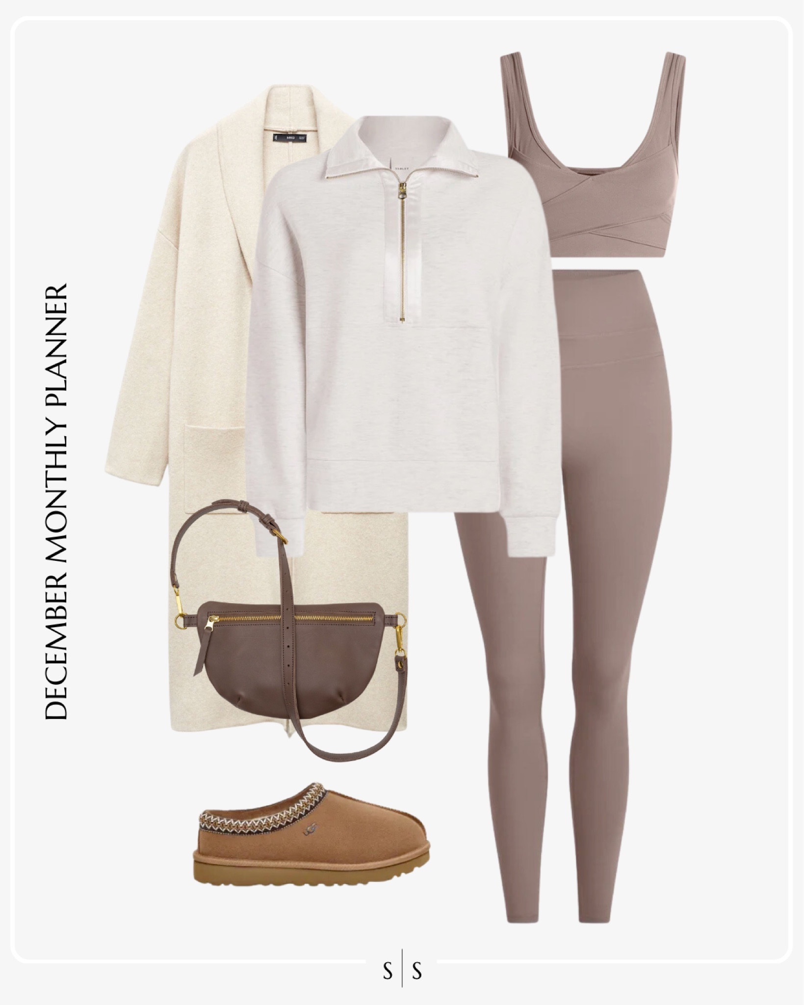 Monthly outfit planner: DECEMBER: Winter looks | ivory long knit coat, sports tank, Varley leggings, zip pullover, Ugg slipper, belt bag, activewear, weekend wear, loungewear

See the entire calendar on thesarahstories.com ✨ 

#LTKstyletip #LTKfitness