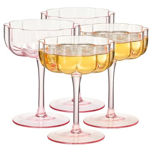 Flower Vintage Wavy Petals Wave Glass Coupes 7oz Colorful Martini, Champagne & Cocktails - 4 Set - Rippled & Champagne Glasses, Prosecco, Mimosa, Cocktail Set, Bar Glassware Copyright Design (Pink) | Amazon (US)