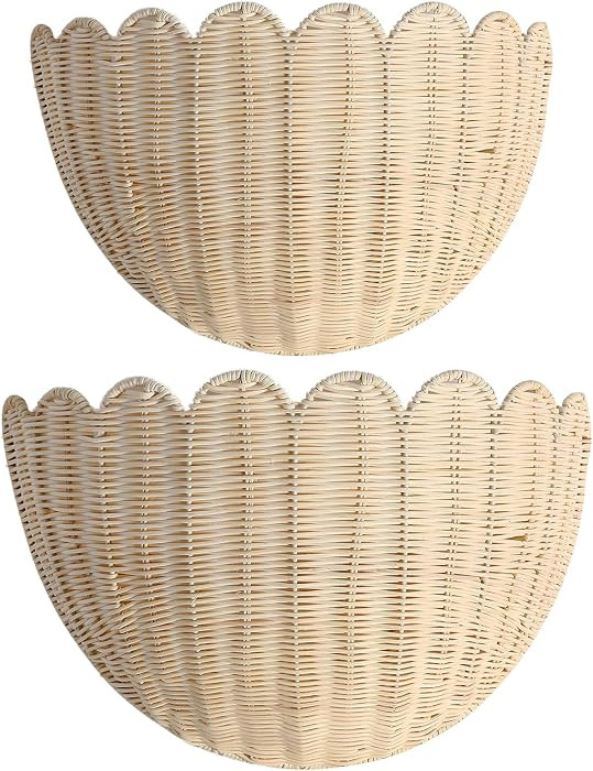 Scalloped Hanging Wicker Baskets for Wall, Scalloped Home Decor, Hanging Woven Rattan Wall Basket... | Amazon (US)