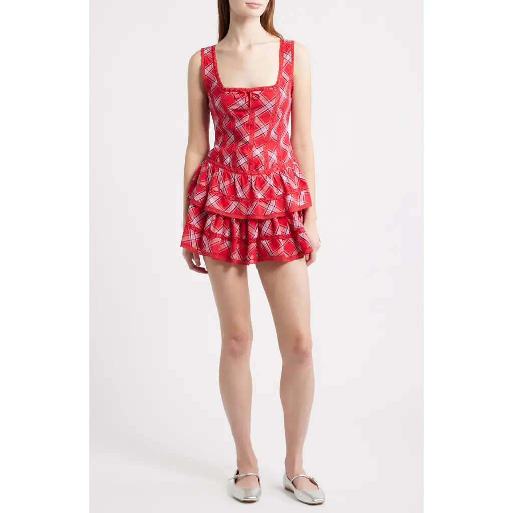 LoveShackFancy Torres Metallic Plaid Cotton Blend Minidress in Cherry Jubilee at Nordstrom, Size 12 | Nordstrom