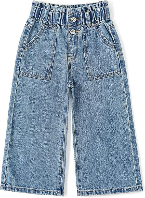 KIDSCOOL SPACE Baby Girls Jeans,Toddler Elastic Waist with D-Ring Slant Pockets Wide-Leg Denim Pa... | Amazon (US)