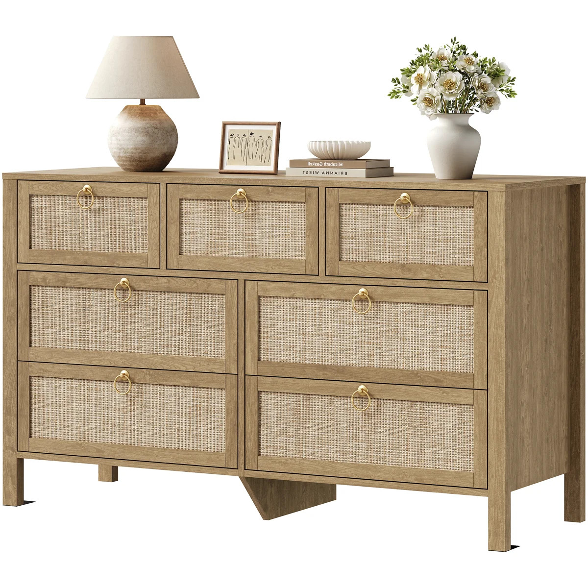 Pomodoro 51" W Rattan 7-Drawer Dresser With Golden Handles, Coastal Boho Bedroom Storage Chest | Wayfair North America