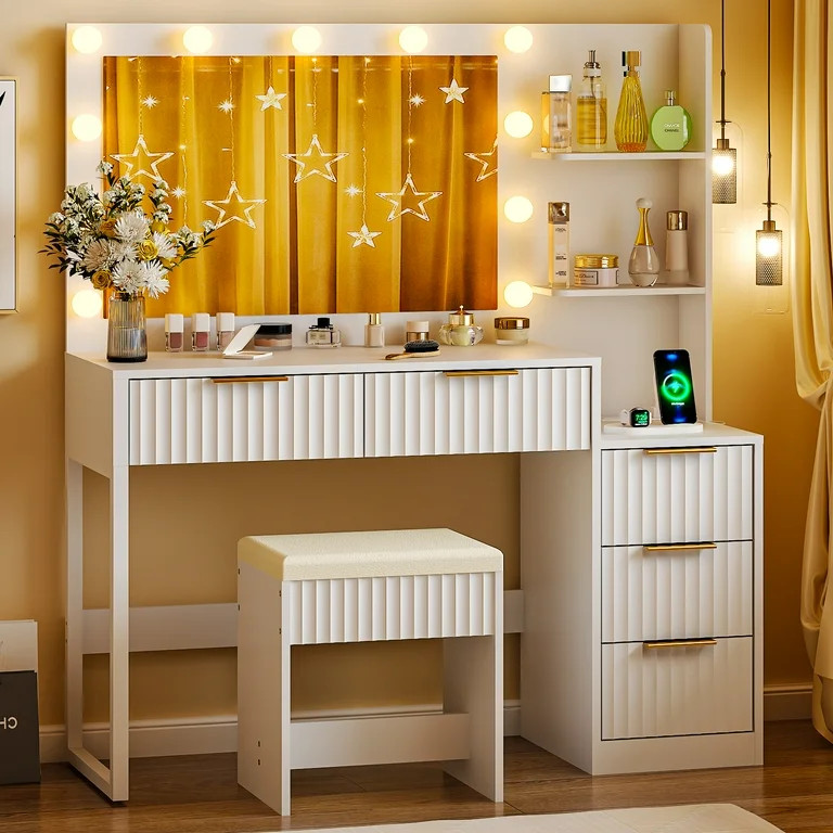 Ktaxon Flutted Makeup Vanity Table Set with 5 Drawer, Dressing Table w/Charging Station, Vanity D... | Walmart (US)