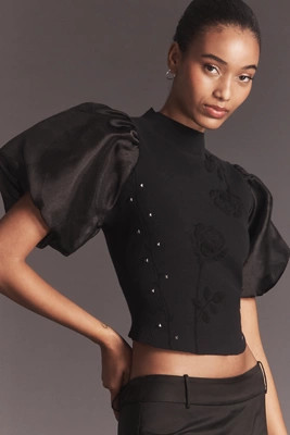 By Anthropologie Puff-Sleeve Mock-Neck Floral Sweater | Anthropologie (US)