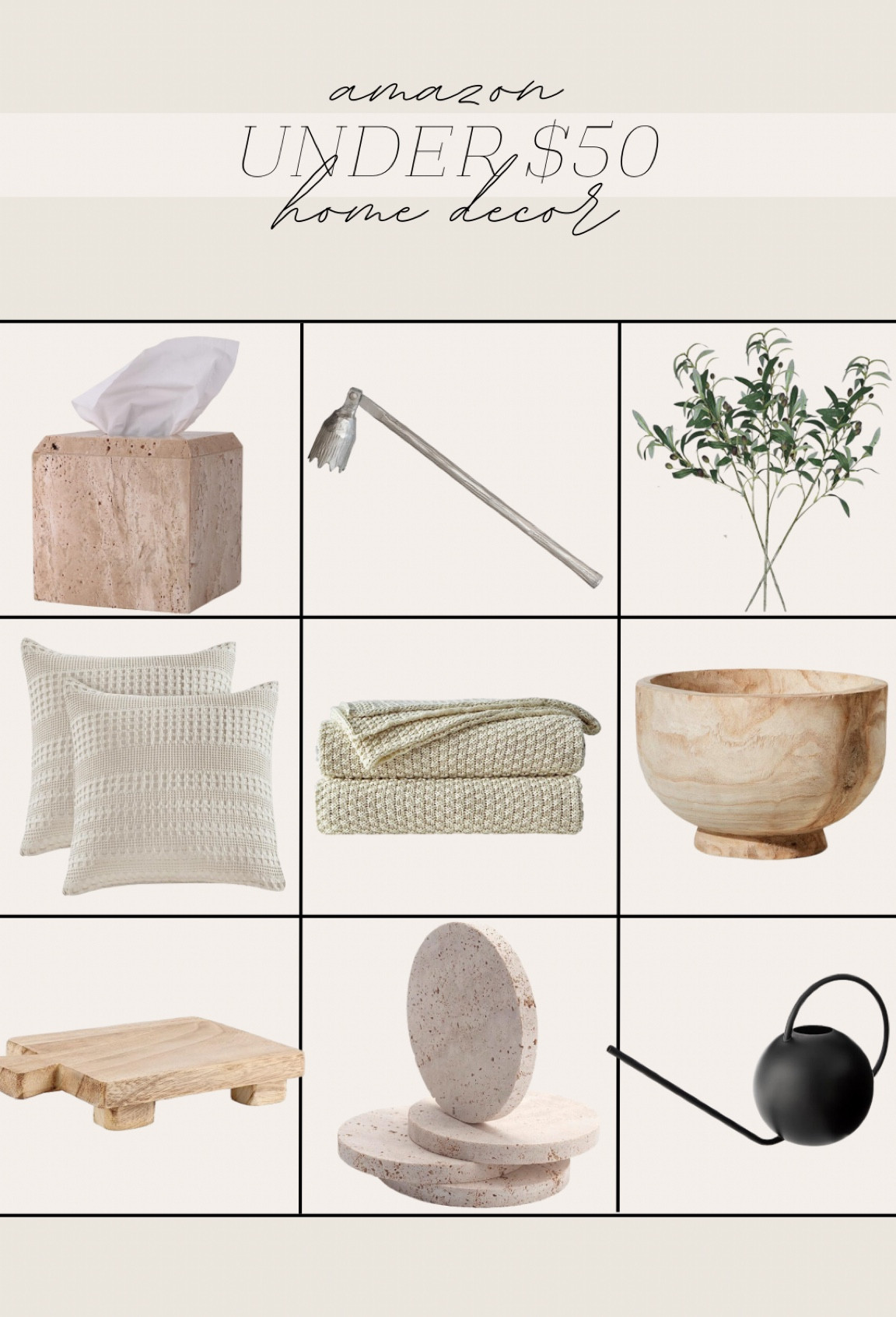 under $50 finds #amazonfind #finds #homefind #amazonhome #decor #homedecor #neutralhome #neutraldecor #pillowcase #tissueholder #candle #vase #bowl

#LTKunder50 #LTKFind #LTKhome
