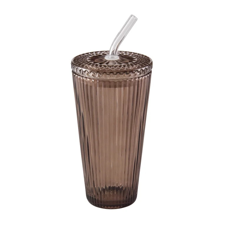 Better Homes & Gardens  21oz Tumbler Brown Glass Ribbed with Glass Lid and Straw | Walmart (US)