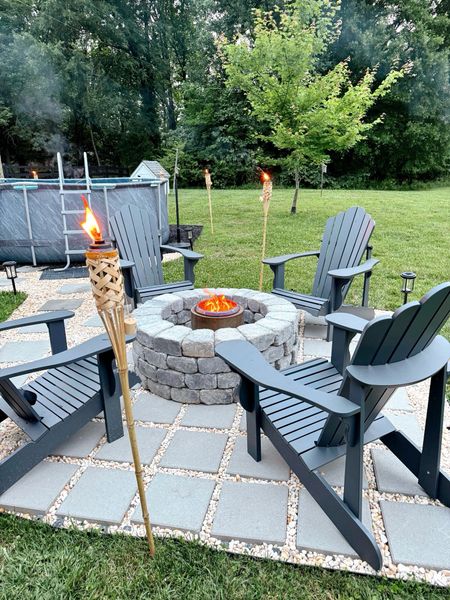 Backyard patio / fire pit area 🔥☀️

Home, backyard, patio, outdoor, Adirondack chairs, summer 

#LTKStyleTip #LTKHome #LTKFindsUnder100