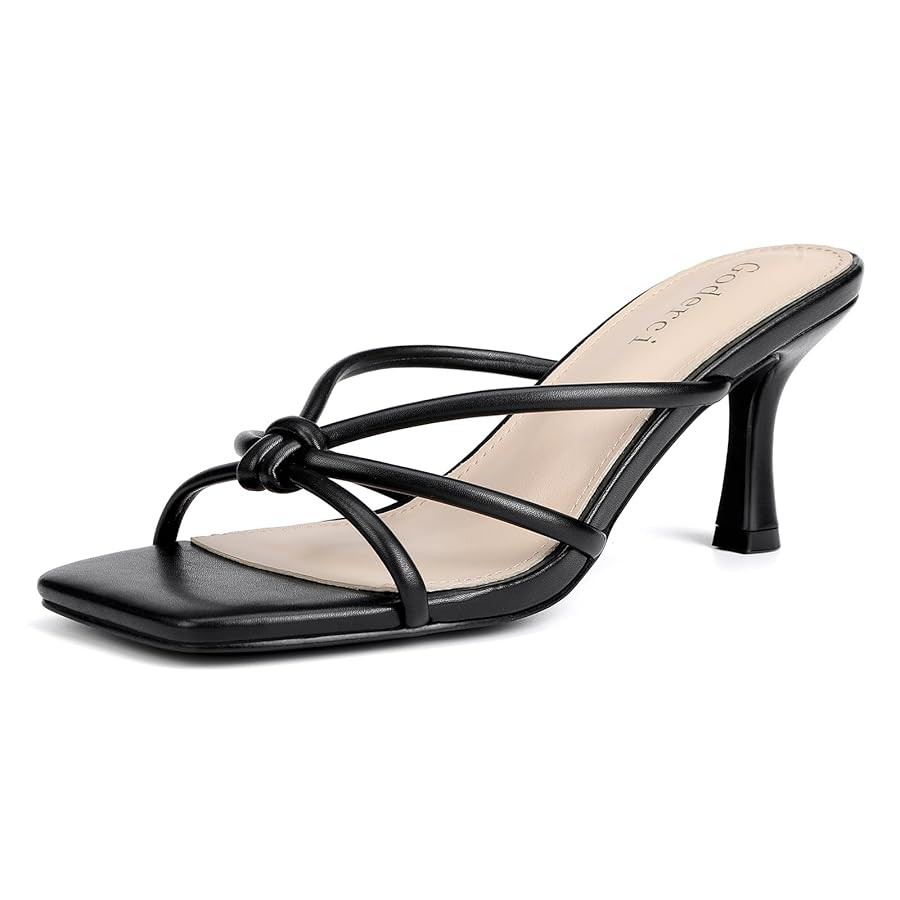 Kitten Strappy Heels for Women Knotted Square Open Toe Slip On Mule Heels Mid Heeled Sandals | Amazon (US)
