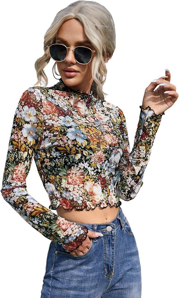 Floerns Women's Long Sleeve See Though Sheer Mesh Crop Tee Tops | Amazon (US)