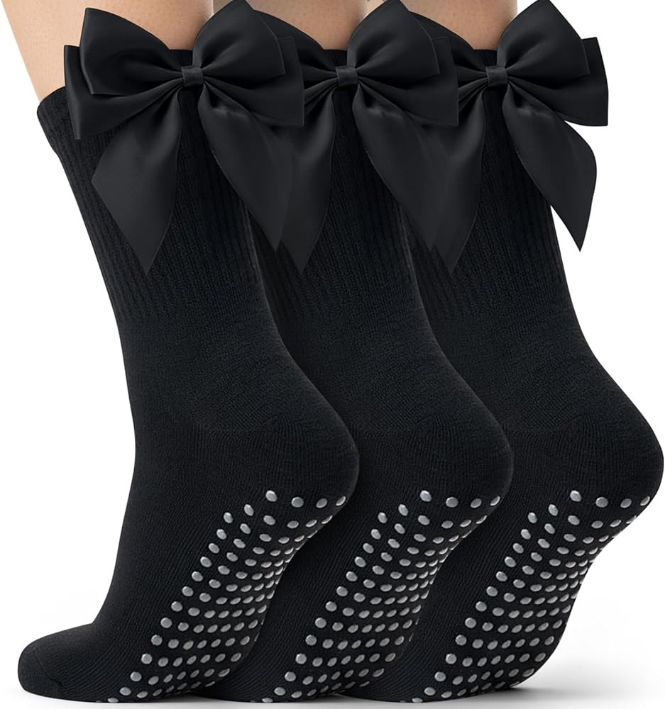 3 Pairs Pilates Socks Non Slip Yoga Crew Sock Coquette Satin Bow Pilates Grip Socks for Women Bal... | Amazon (US)