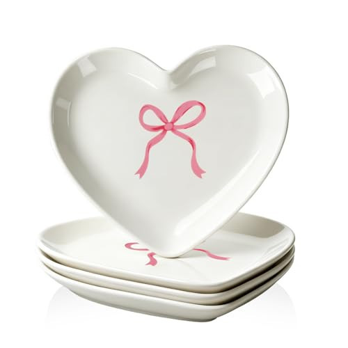FoldTier 4 Pcs Ceramic Valentine's Day Heart Plates 6.8 Inch Valentine's Day Pink Bow Appetizer Dessert Plates Coquette Heart Shaped Dinner Tableware for Wedding Galentines Anniversary Wedding Party | Amazon (US)