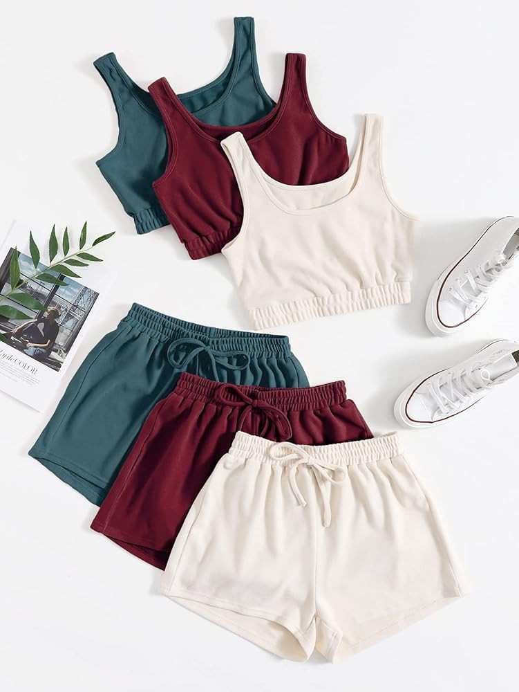 SheIn Women's 6 Pieces Outfits Crop Tank Top and Elastic Waist Shorts Lounge Set | Amazon (US)