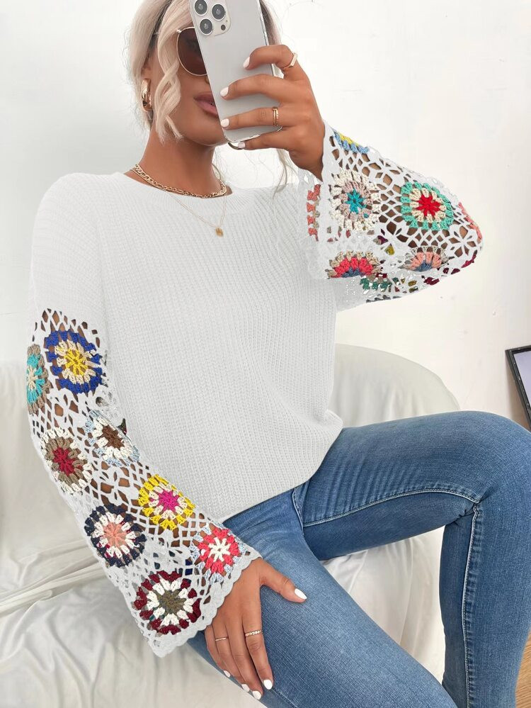 Floral Pattern Drop Shoulder Open Knit Sweater | SHEIN