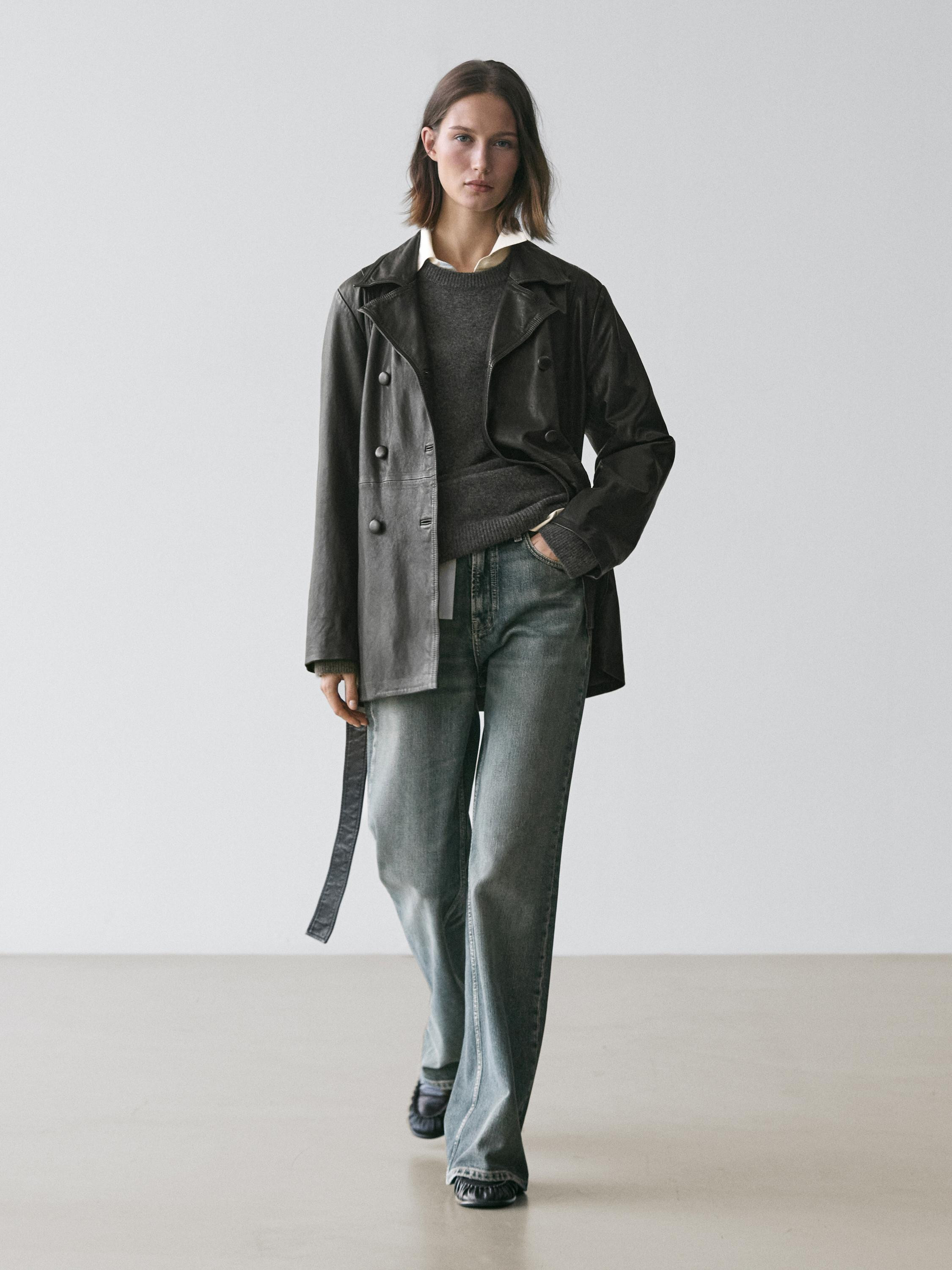 Veste avec ceinture en cuir nappa | Massimo Dutti FR