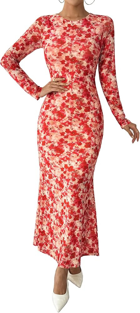 BTFBM Wedding Guest Dresses for Women Spring Fashion 2026 Bodycon Crew Neck Long Sleeve Boho Mesh... | Amazon (US)