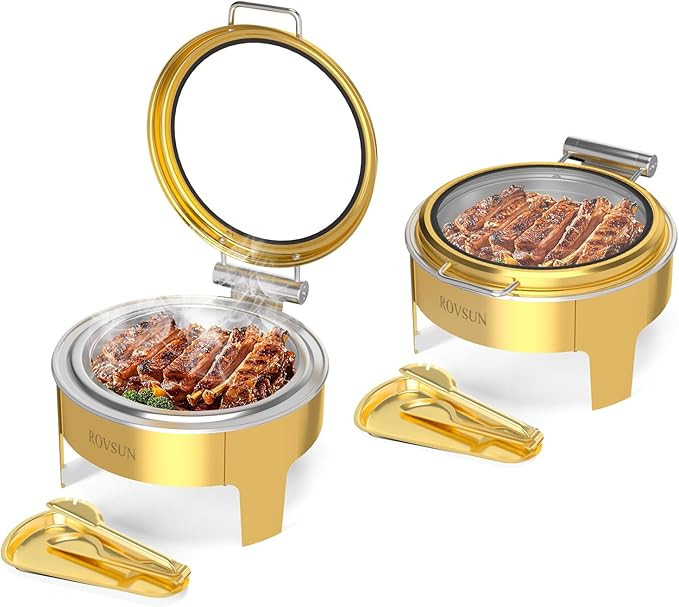 ROVSUN 6QT Gold Chafing Dishes for Buffet 2 Pack, Roll Top Chafing Dish Buffet Set, Round Chafers... | Amazon (US)