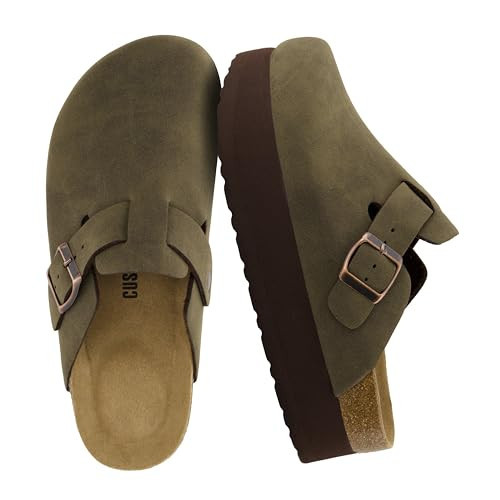 CUSHIONAIRE Loom Platform Clogs for Women, Stylish Vegan Suede Closed Toe Womens Clogs with Adjustable Buckle and Memory Foam Cork Footbed, OLIVE 8 | Amazon (US)