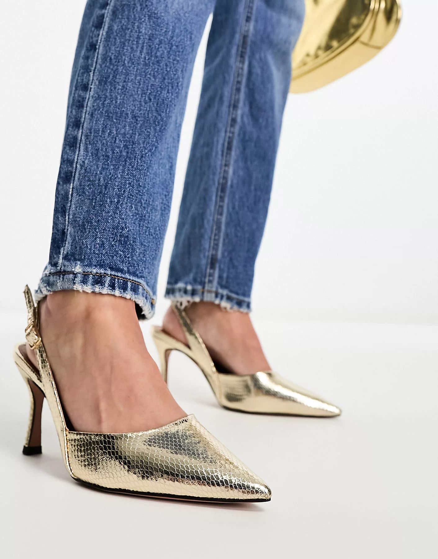 ASOS DESIGN Wide Fit Samber slingback stiletto heels in gold | ASOS (Global)