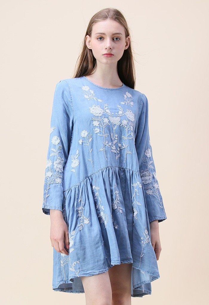 Artless Flowers Embroidered Dress in Chambray | Chicwish