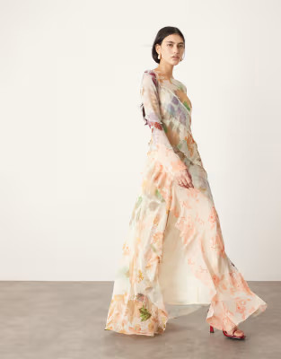 ASOS EDITION long sleeve bias cut paneled maxi dress in pink floral print | ASOS (Global)