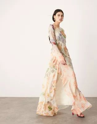 ASOS EDITION long sleeve bias cut paneled maxi dress in pink floral print | ASOS (Global)