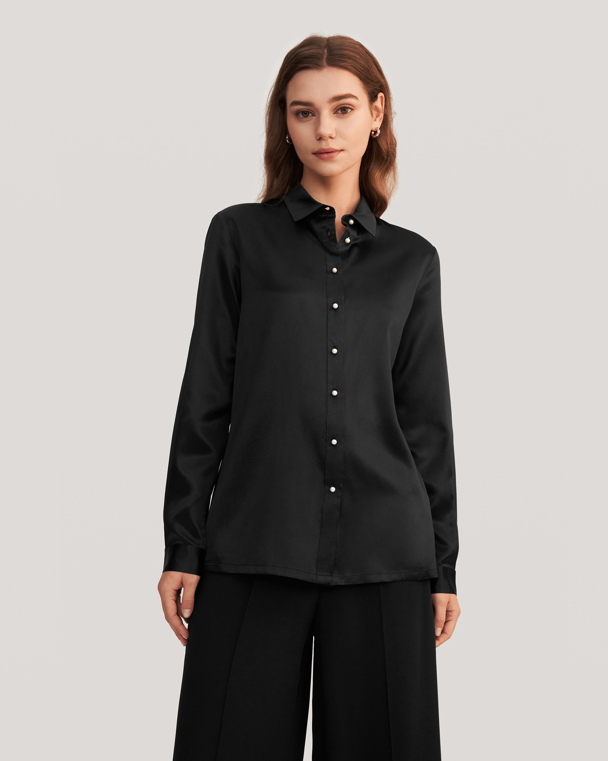Women Classic Pearl Button Silk Shirt | LilySilk