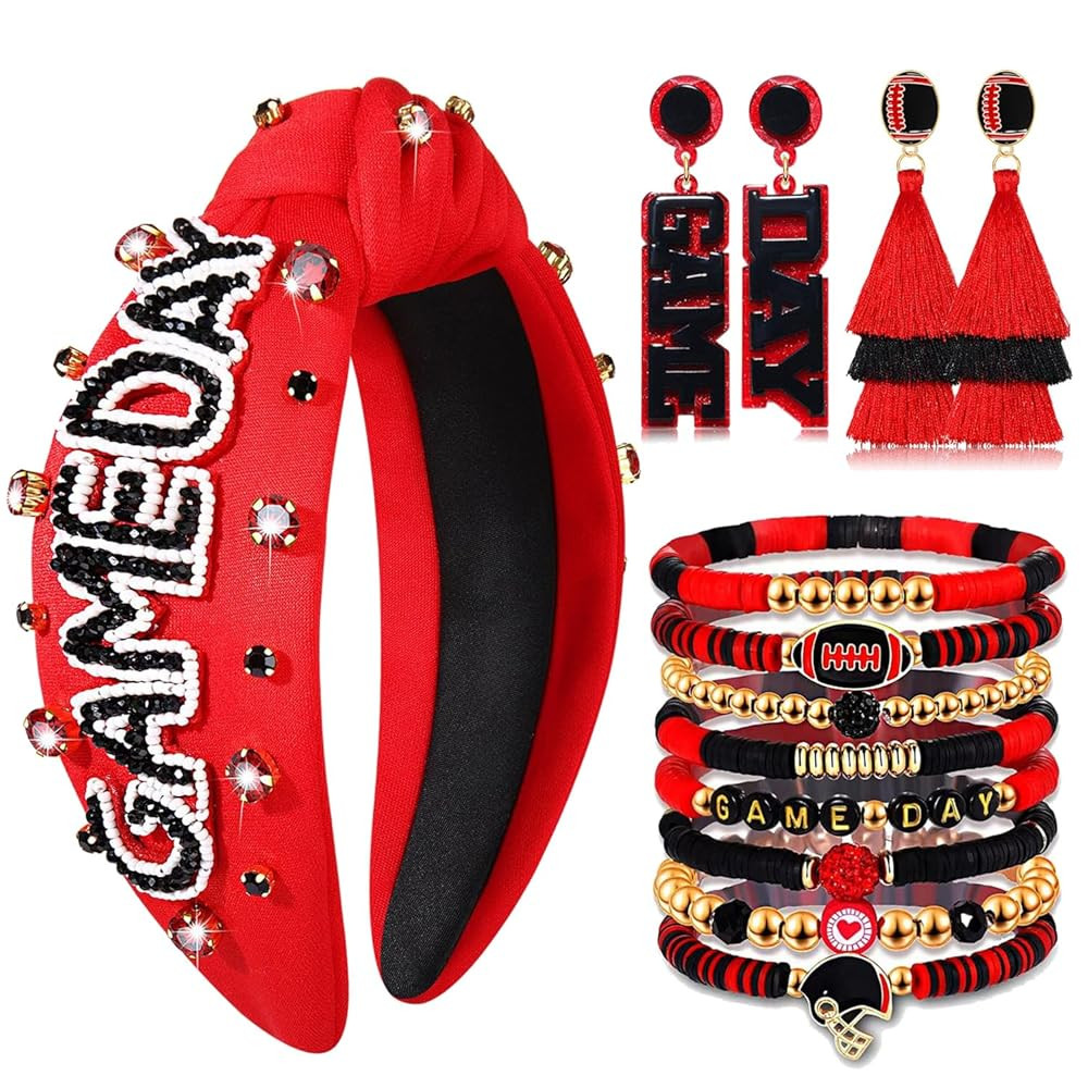 Game Day Headbands for Women Red Spirit Day Accessories Jeweled Football Headband Heishi Bracelet... | Amazon (US)