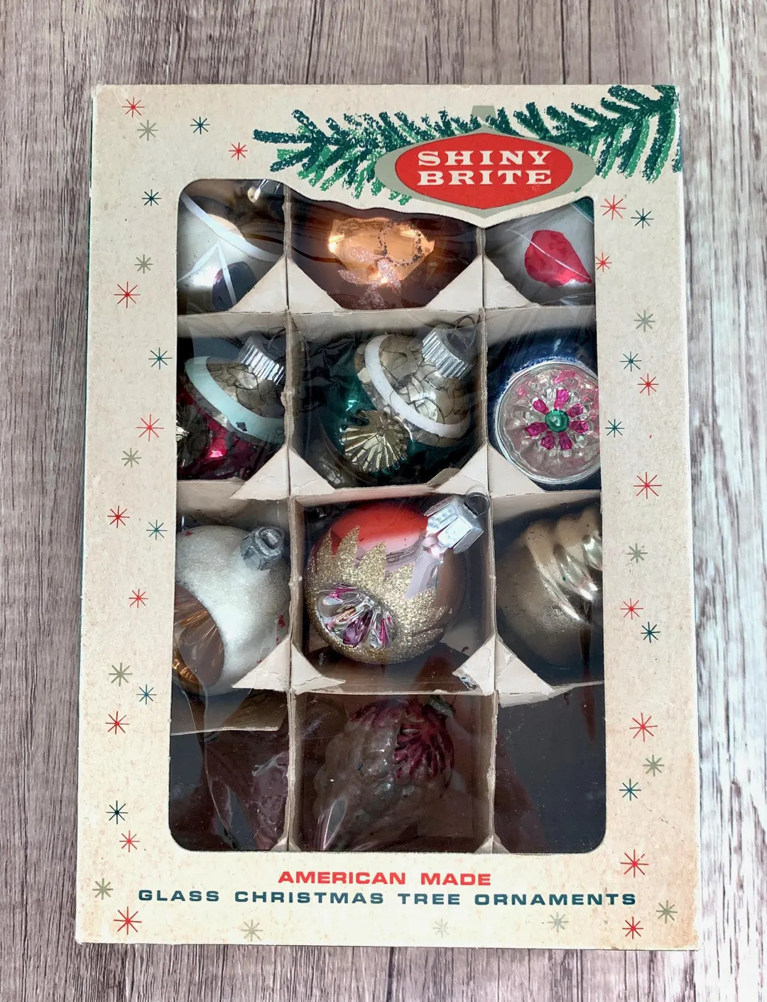 Vintage Shiny Brite Christmas Ornaments - Box of 10 Glass Ornaments - Etsy | Etsy (US)