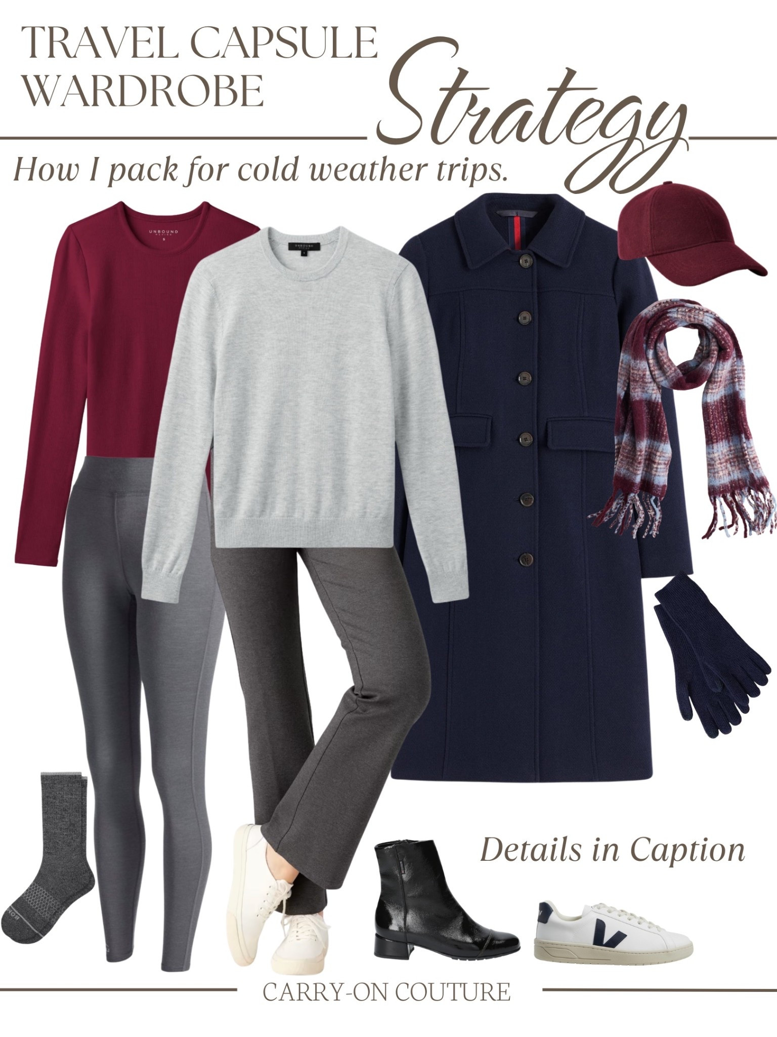 These are the cold-weather pieces I build around when I’m packing carry-on only.

• Wool coat (the coat I usually choose for cold weather trips)
Warm enough for the coldest day and polished enough to anchor every outfit. Remember, this is what people see most…the coat is the outfit!

• Ponte-knit bottoms
Comfortable for long walking days, structured enough to dress up.  Good for wet conditions as they dry fast.  They work with sneakers or boots.

• Base layers (top + bottom)
For extra-cold days I bring base layers. Bonus if the top can also stand alone when one light layer is all you need.  I perfer merino or wool blends for their moisture wicking qualities and temperature regulation.

• Merino wool sweater
Lightweight, warm, and easy to rewear without holding odor.  Perfect for layering.

• Two shoes: sneakers + booties
Sneakers for high-mileage days, booties when I want to look a bit more pulled together. Both work with everything else.

• Accessories that do the work
Wool socks, a cozy scarf, gloves, and a hat (a wool cashmere cap is fun, but a stylish beanie is also a great option). These adjust warmth and change the look of rewears without adding bulk.

Everything here layers easily and gets worn more than once.
That’s what makes cold-weather carry-on travel doable.

#LTKOver40 #LTKTravel