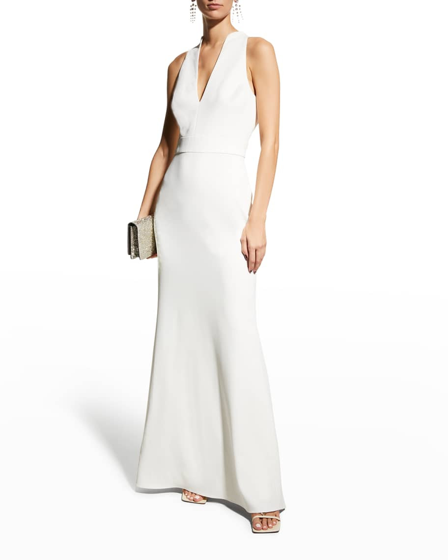 Badgley Mischka Collection V-Neck Column Gown with Cut-In Shoulders | Neiman Marcus