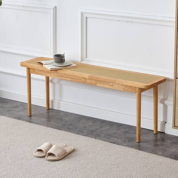 Solid Wood Living Room Bench, Cane Weaving Shoe Stool - Overstock - 37235757 | Bed Bath & Beyond