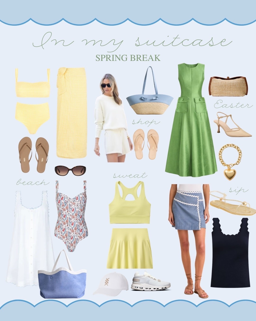 What I’m packing for spring break. A mix of beach looks, Easter dress, activewear for daily workouts, daytime shopping and lunch looks, and lounge 