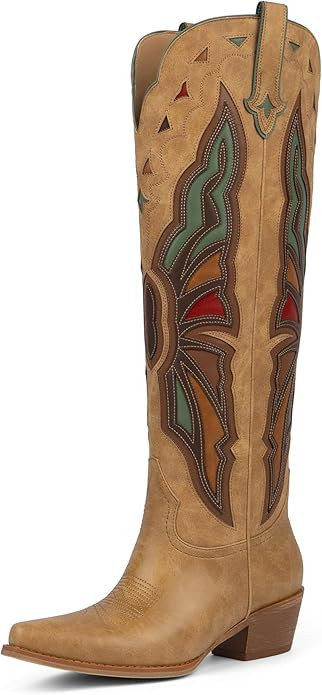 Modatope Cowboy Boots for Women Knee High Chunky Heel Butterfly Cowgirl Boots Wide Calf Pointed T... | Amazon (US)