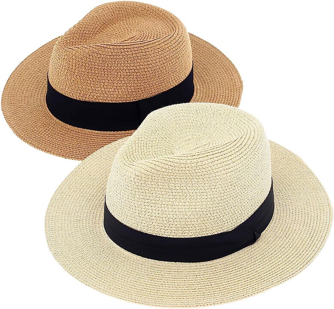 2-Pack Beach Hats for Women Summer Straw Sun Hat Wide Brim Panama Hats Roll Up | Amazon (US)